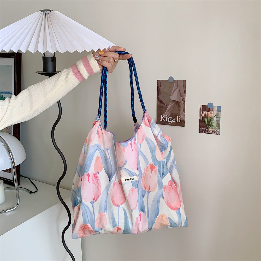 Korean Style Summer Large Capacity Hand Shoulder Bag Drawstring Shopping Bag Fresh Floral Tote Bag Underarm Bag