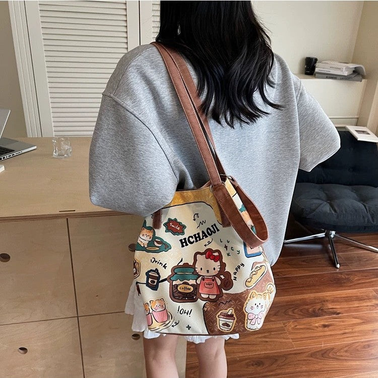 Cute Cartoon Kitty Canvas Tote Bag for Women 2025 New Large Capacity Shoulder Bucket Bag Student School Travel Bag