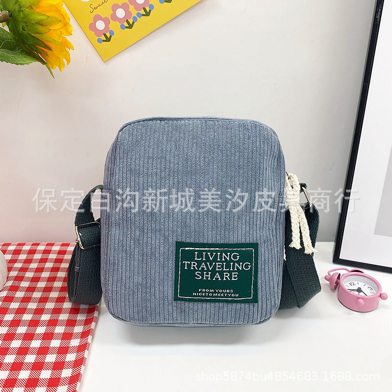 Corduroy Small Square Bag Women's Shoulder Bag Korean Simple Messenger Bag Zipper Closure Strap Mobile Phone Bag