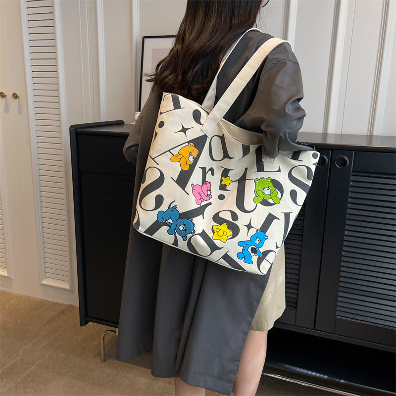 New Fashion Canvas Tote Bag for Women with Cute Bear Print, Large Capacity, Daily Commute & Casual Style