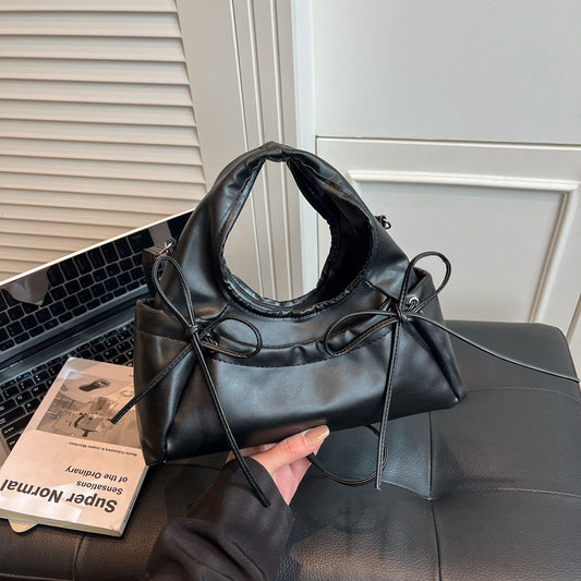Korean Fashion Women's Mini Moon Bag with Bow Detail, Soft PU Crossbody Shoulder Bag for Daily Street Style