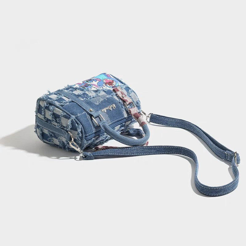 2026 New Checkerboard Denim Tote Bag with Frayed Edges and Crossbody Strap, Urban Minimalist Style