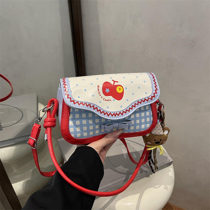 Cute Apple Small Square Bag Urban Simple Style Plaid Bow Design Fashionable All-Match Shoulder Messenger Bag