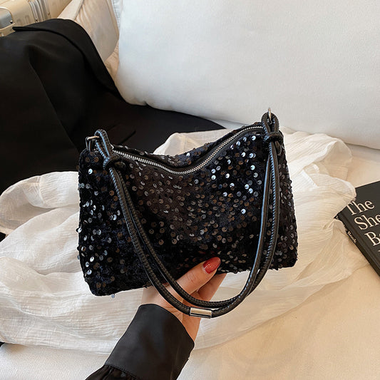 Fashionable Sequins Shoulder Bag Women's New Crescent-Shaped Design Daily Dinner Dual-Use Crossbody Bag