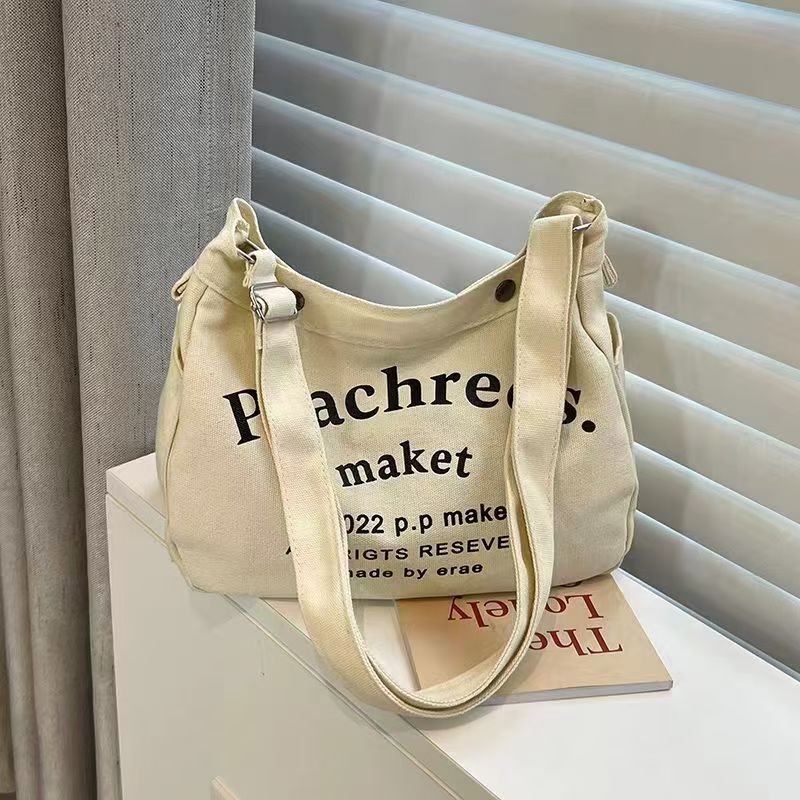 New Letter Canvas Tote Bag for Women, Casual Large Capacity Shoulder Bag with Fashion Print, Perfect for School and Daily Use