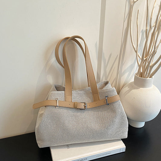 High-Grade Simple Commute Tote Bag Women's New Large Capacity Magnetic Snap Shoulder Handbag Knitted Fabric Design