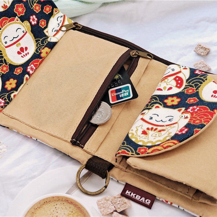 Creative Cartoon Printing Tri-Fold Denim Canvas Wallet Simple Canvas Card Holder Key Case for Both Men and Women