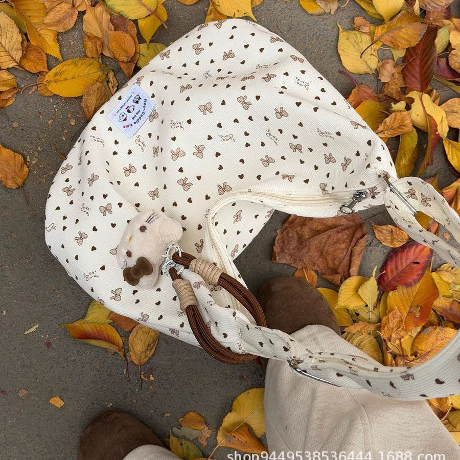 Cute Bow Print Corduroy Tote Bag with Zipper Closure and Hello Kitty Charm for Daily Commute