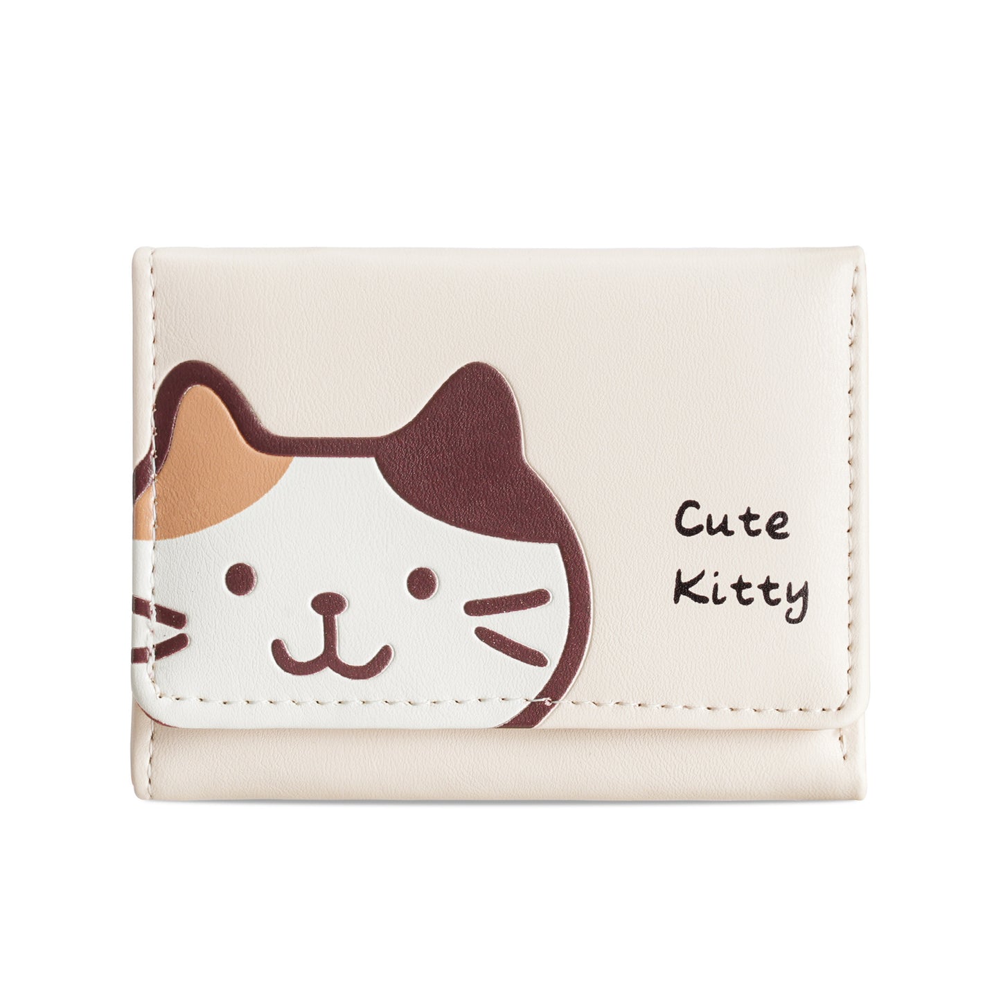 Cute Kitty Print PU Wallet for Women, Fashionable Three-Fold Card Holder with Sweet Cartoon Design