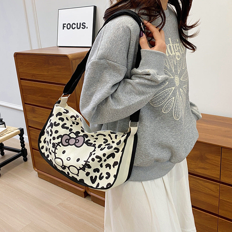Dumpling Bag Women's Cute Cartoon Black and White Cat Printing Large Capacity Leisure Shoulder Bag