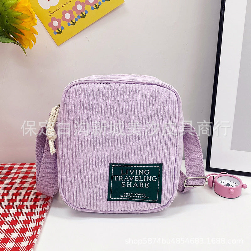 Corduroy Small Square Bag Women's Shoulder Bag Korean Simple Messenger Bag Zipper Closure Strap Mobile Phone Bag