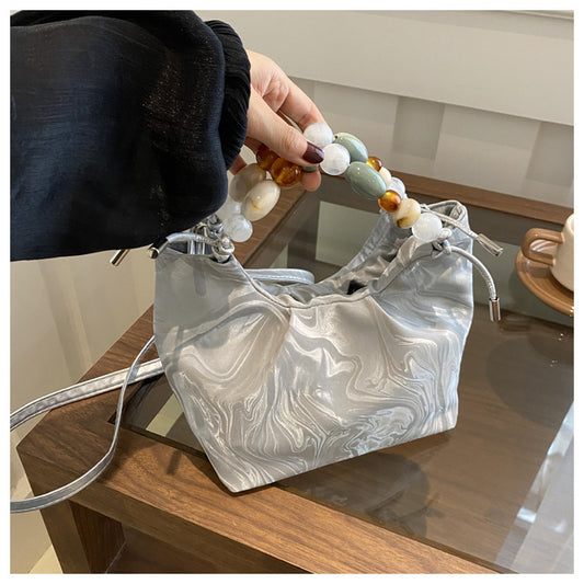 Elegant Marbled PU Bucket Bag with Beaded Handle, Minimalist Crossbody Design for Daily Wear