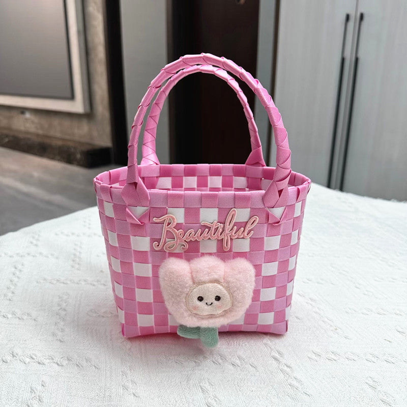 Handwoven Checkerboard Tote Bag for Women, Fashionable Beach & Daily Use, Soft PVC Material with Open Top and Inner Pockets