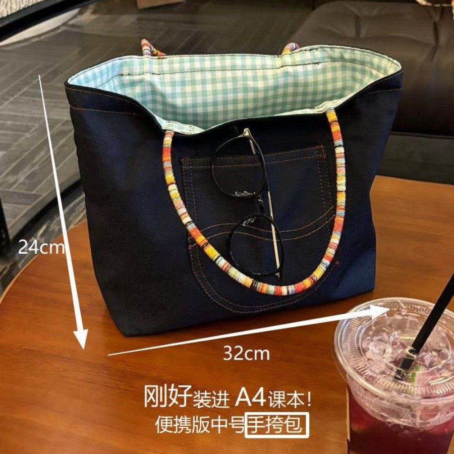 Denim Crossbody Tote Bag with Beaded Straps and Checker Lining, Stylish Everyday Shoulder Bag for Women