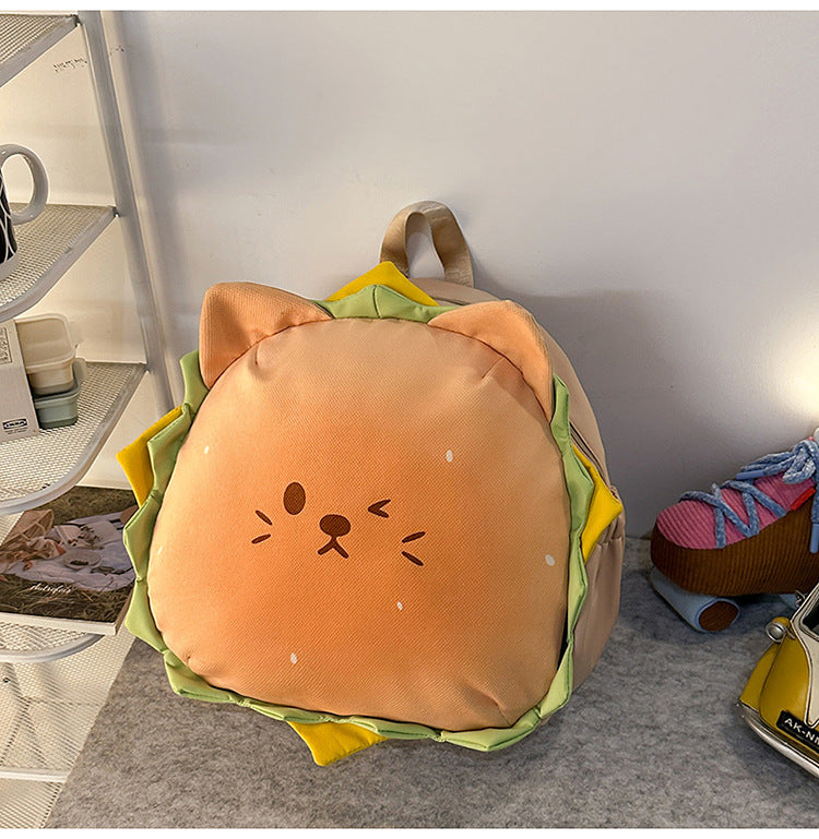 Cute Burger Cat Backpack for Kids and Teens - Stylish Dual Shoulder Bag with Soft Plush Design and Comfortable Back Support