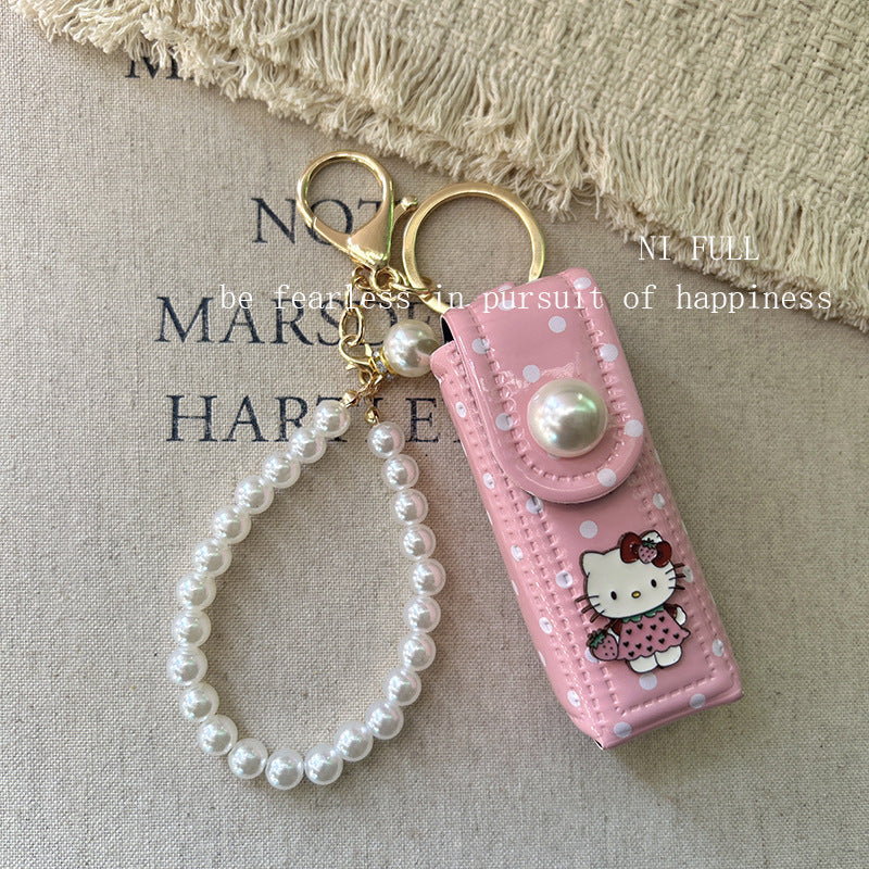 Korean Style New Retro Dots Cartoon Cat Lipstick Pack Pearl Exquisite High Sense Versatile Pendant Keychain for Women