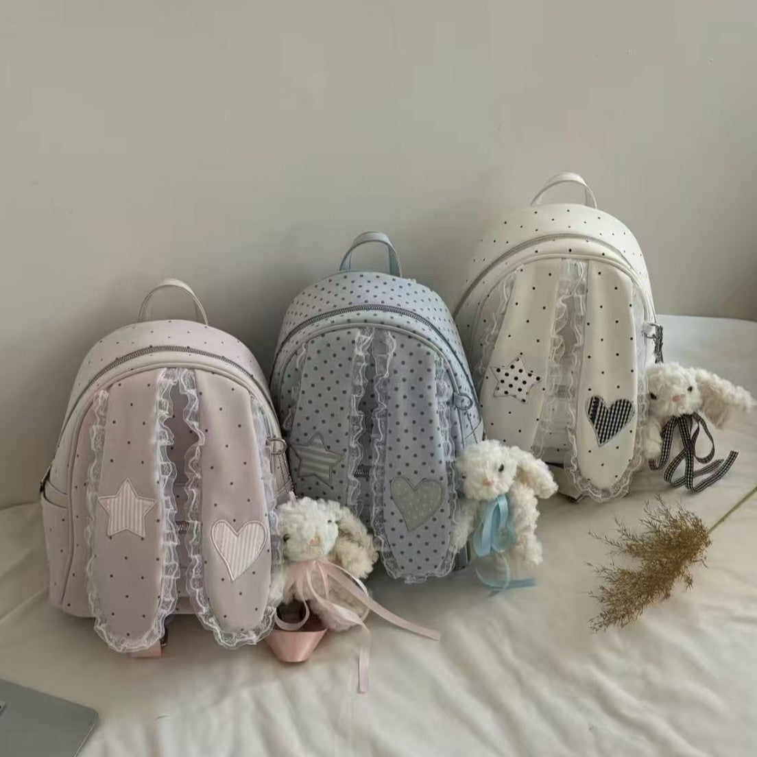 Korean Cute Backpack with Polka Dots and Lace Trim, Rabbit Ears Design, Large Capacity Daily School Bag for Women