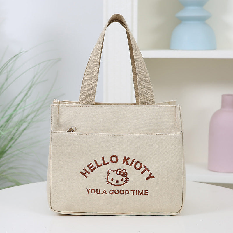 Cute Embroidered Canvas Tote Bag with Hello Kitty Design, Perfect for Daily Use, School, Work, and Carrying Lunchbox