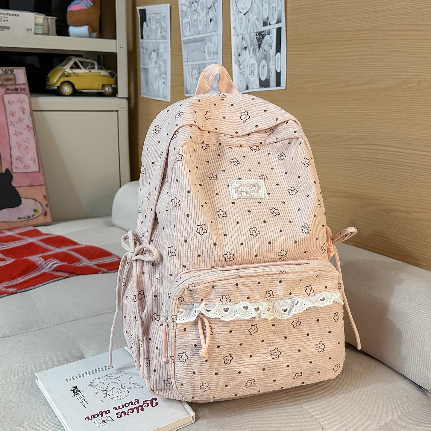 Artistic Fresh Student Backpack Soft Corduroy Material Lace Large Capacity Breathable Design