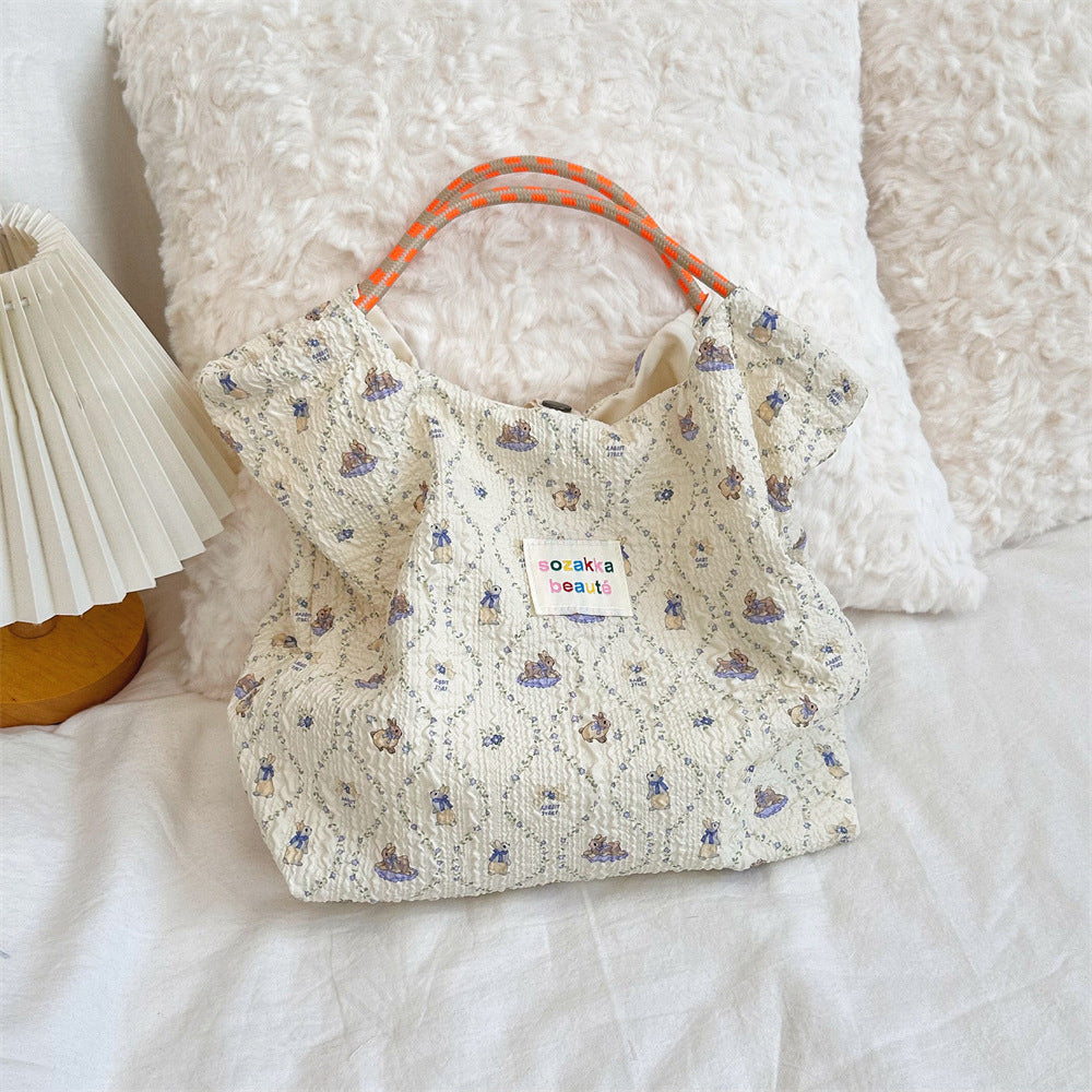 Korean Cartoon Embossed Canvas Bag Women's Large Capacity Canvas Bag Portable Beach Vacation Handbag