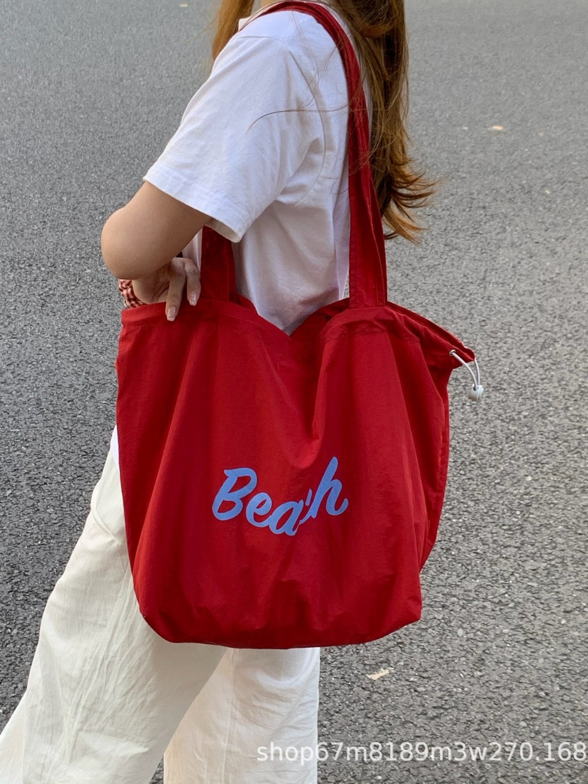 2025 Spring New Fashion Large Capacity Shoulder Tote Bag for Women, Simple Commute Student Style with Beach Print and Drawstring Design