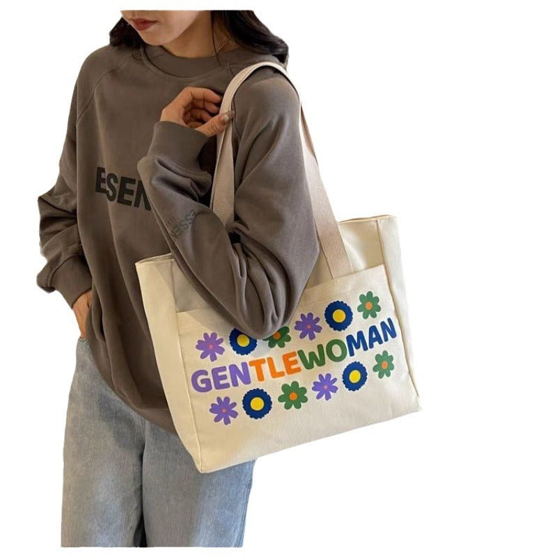 2024 New Large Capacity Tote Bag for Women, Casual Floral Print Canvas Shoulder Bag with Zipper and Inner Pocket, Perfect for Daily Commute and School