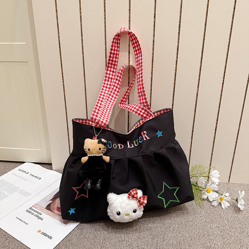 Cute Korean Style Versatile Kitty Pleated Handbag Women's New Large Capacity Commuter out Shoulder Bag