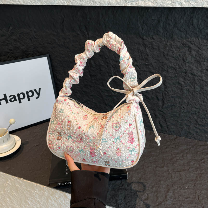 Cute Floral Quilted Crossbody Bag with Bow Detail for Women, Stylish Everyday Shoulder Bag with Zipper Closure and Inner Pockets