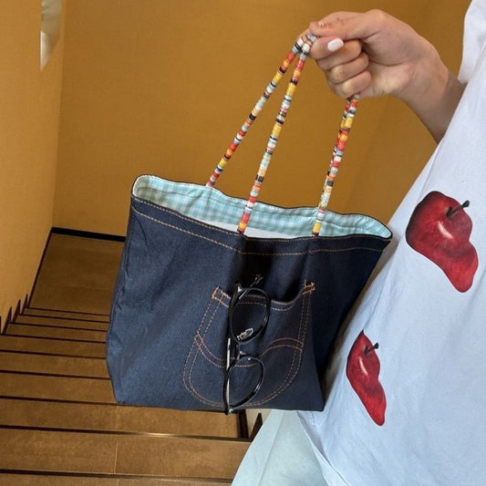 Denim Crossbody Tote Bag with Beaded Straps and Checker Lining, Stylish Everyday Shoulder Bag for Women