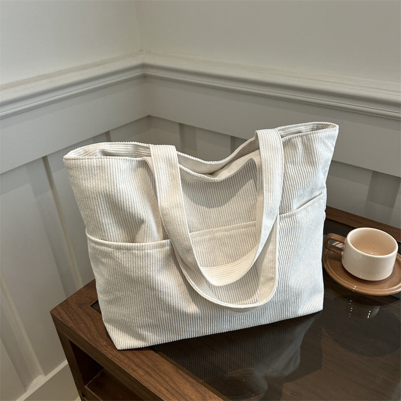 Corduroy Bag Women's Korean-Style Large Capacity New Pure Color Artistic Student Shoulder Tote Bag