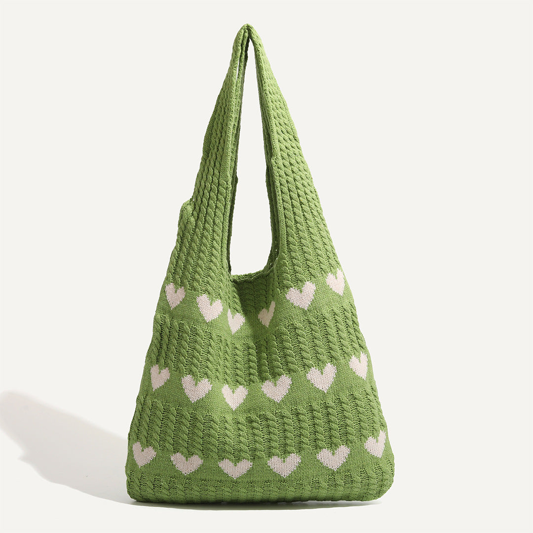 Women's Shoulder Bag Love Pattern Knitted Tote Bag Soft Handmade Shoulder Bag Daily Matching Fashion Tote Bag