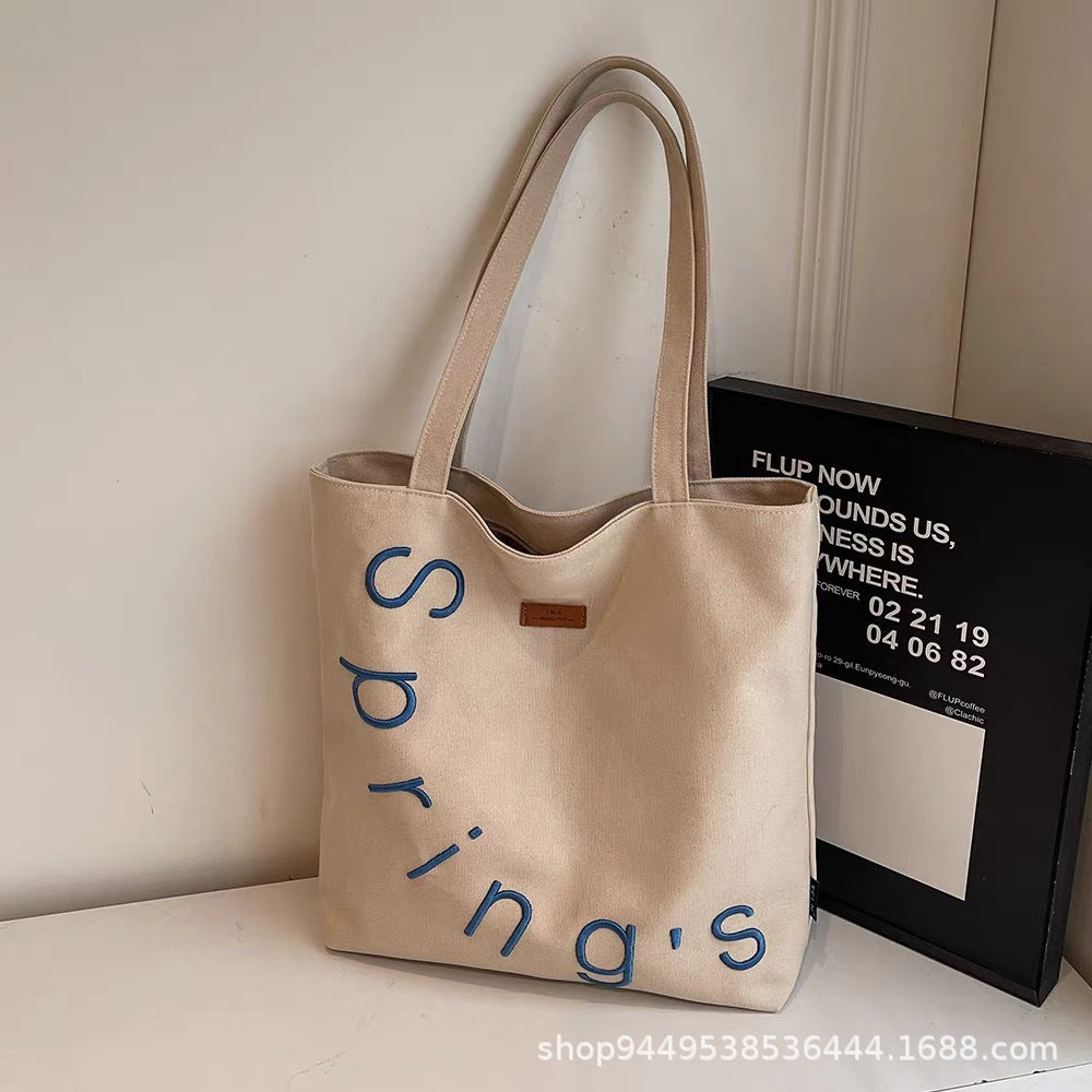 Spring Letter Embroidery Canvas Tote Bag for Women, Casual Large Capacity Shoulder Bag with Zipper Closure and Phone Pocket
