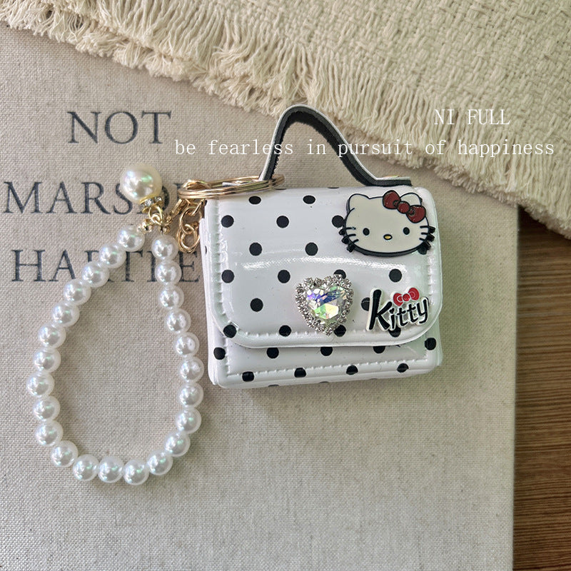 Korean Style New Retro Dots Cartoon Cat Lipstick Pack Pearl Exquisite High Sense Versatile Pendant Keychain for Women