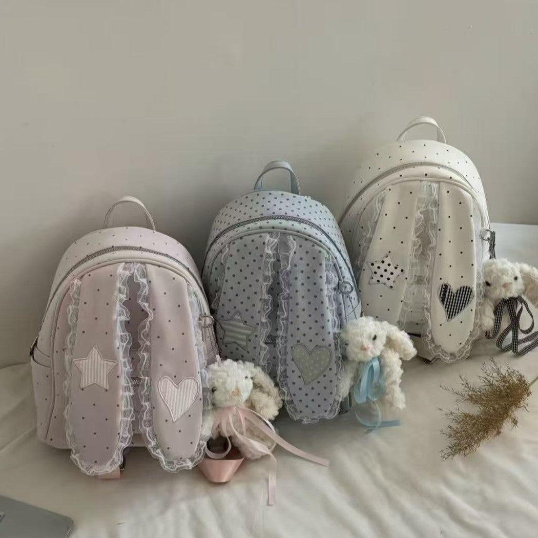 Korean Cute Backpack with Polka Dots and Lace Trim, Rabbit Ears Design, Large Capacity Daily School Bag for Women
