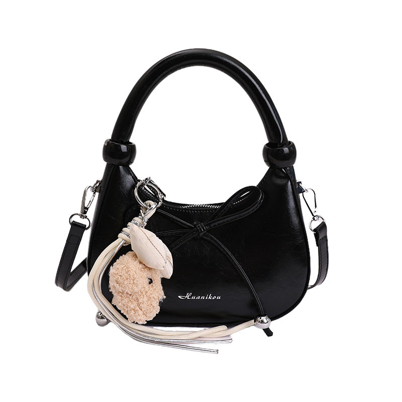 2026 New Korean Style Simple Crossbody Bag for Women, Cute Cartoon Pendant, Fashionable Dumpling Shape Handbag with Bow Detail