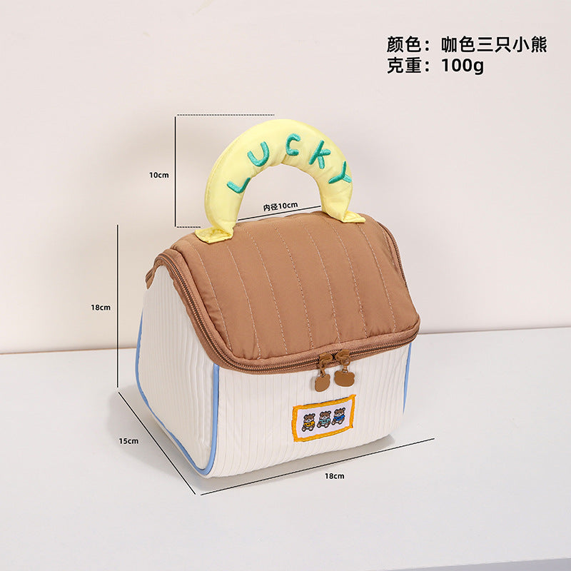 Cute Cartoon Cat Lunch Bag with Lucky Handle, Portable Insulated Food Storage Pouch for Daily Use
