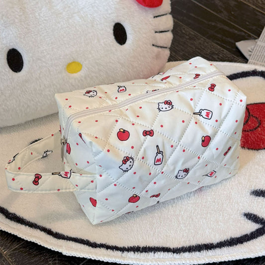 Cute Cartoon Cosmetic Bag for Women, Portable Large Capacity Makeup Organizer with Zipper Closure and Quilted Design