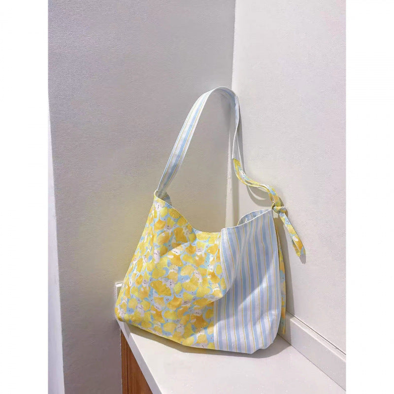 Cute Cat Print Canvas Tote Bag Striped Stitching Large Capacity Commuter Shoulder Bag Everyday Joker