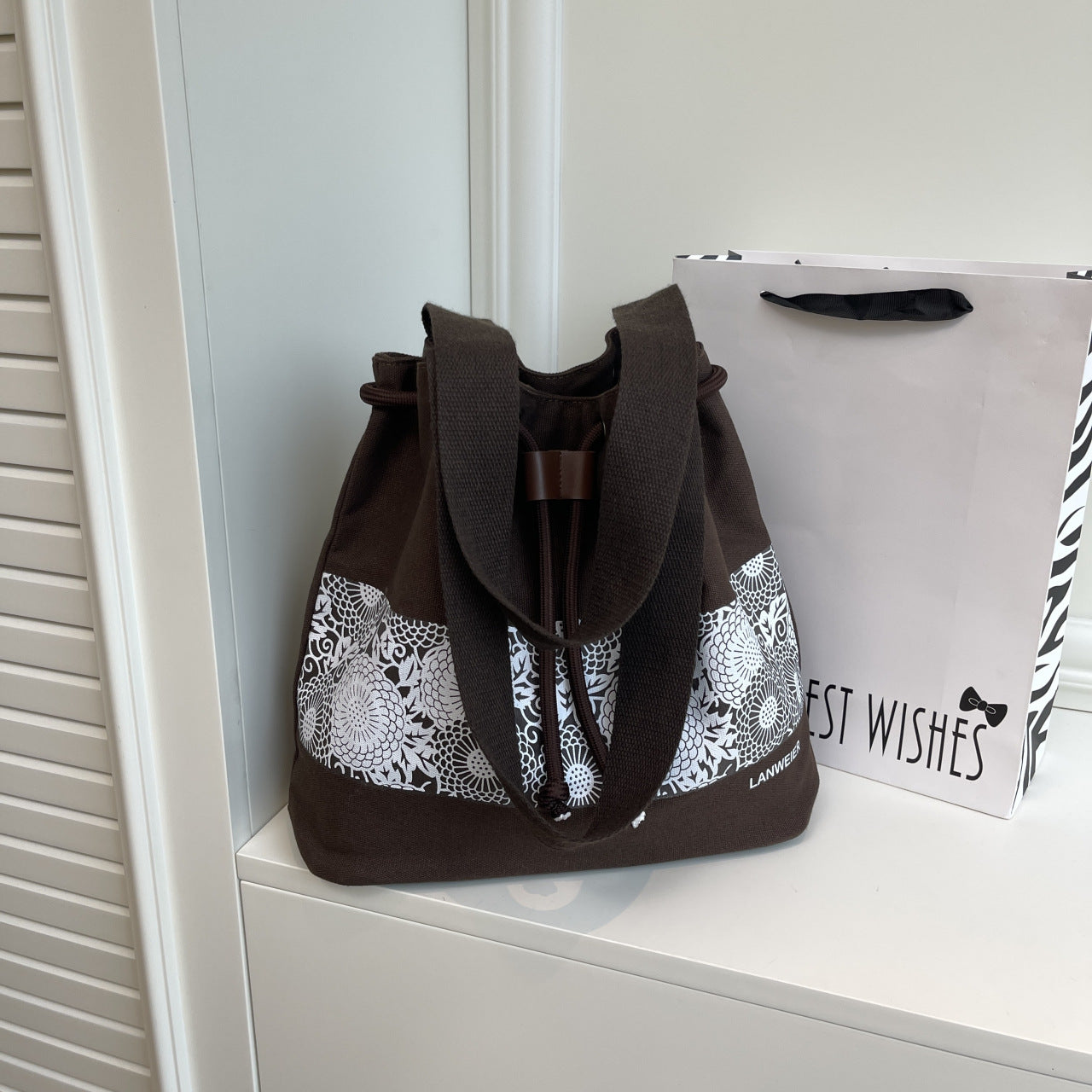 Chic Korean-Style Canvas Tote Bag with Floral Pattern and Drawstring Closure for Everyday Use