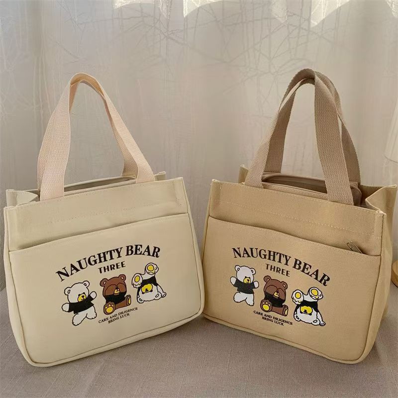 Naughty Bear Three Cute Cartoon Print Canvas Lunch Bag with Zipper Closure and Multiple Inner Pockets for Daily Use