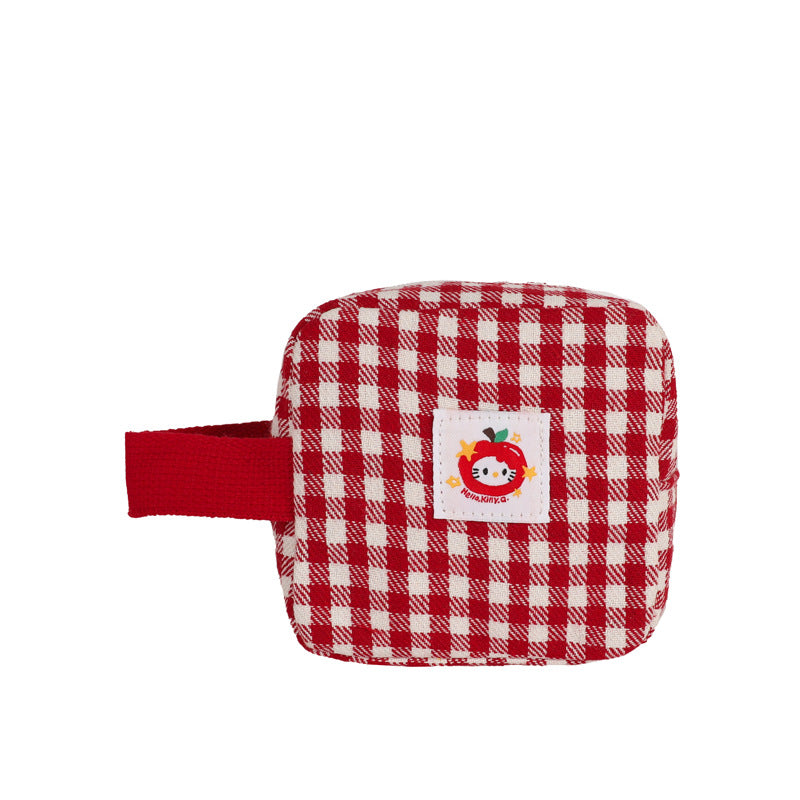 Cute Checkered Mini Cosmetic Bag with Cherry Hello Kitty Design, Perfect for Makeup and Daily Essentials