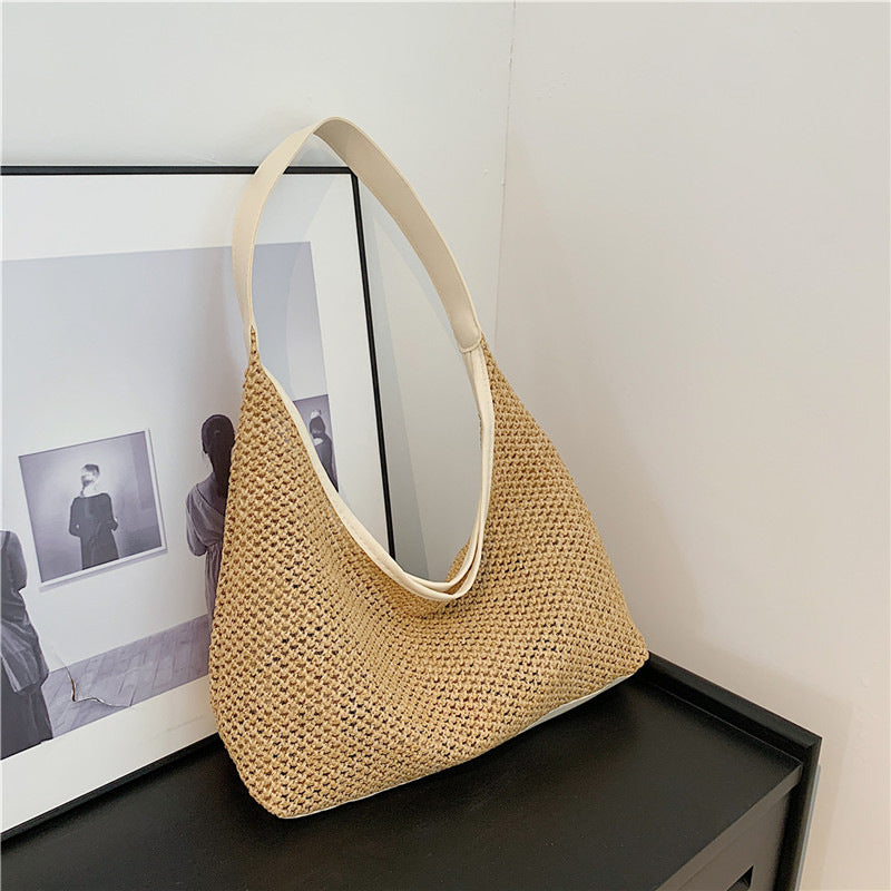 Retro Large Capacity Straw Woven Bag Women's New Vintage Weave Beach Underarm Bag Leisure Commuter Bag