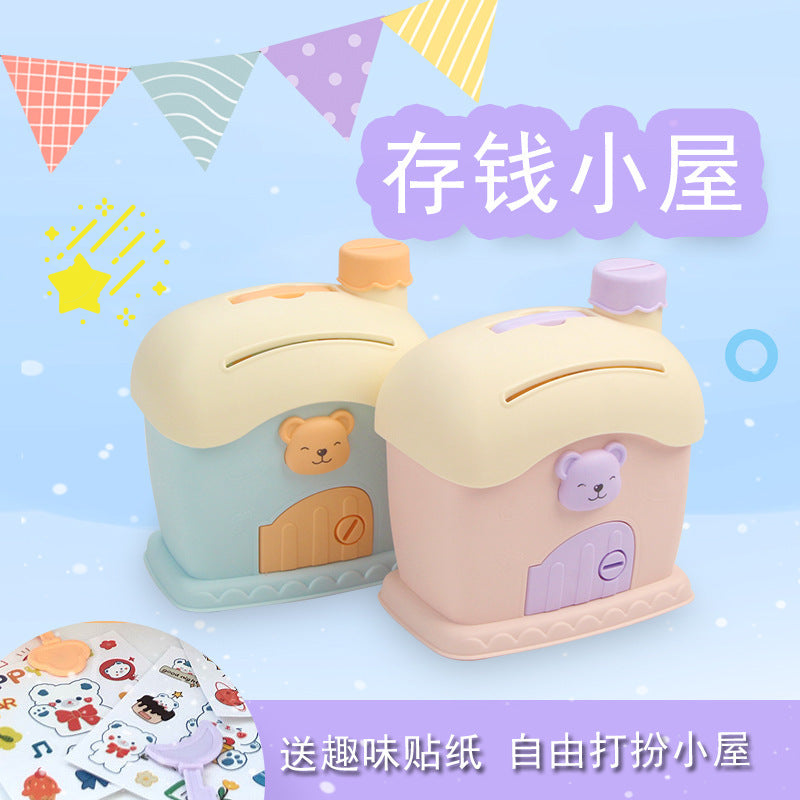 Cute Cartoon Bear House Money Bank with Key and Stickers for Kids - Creative Piggy Bank for Boys and Girls