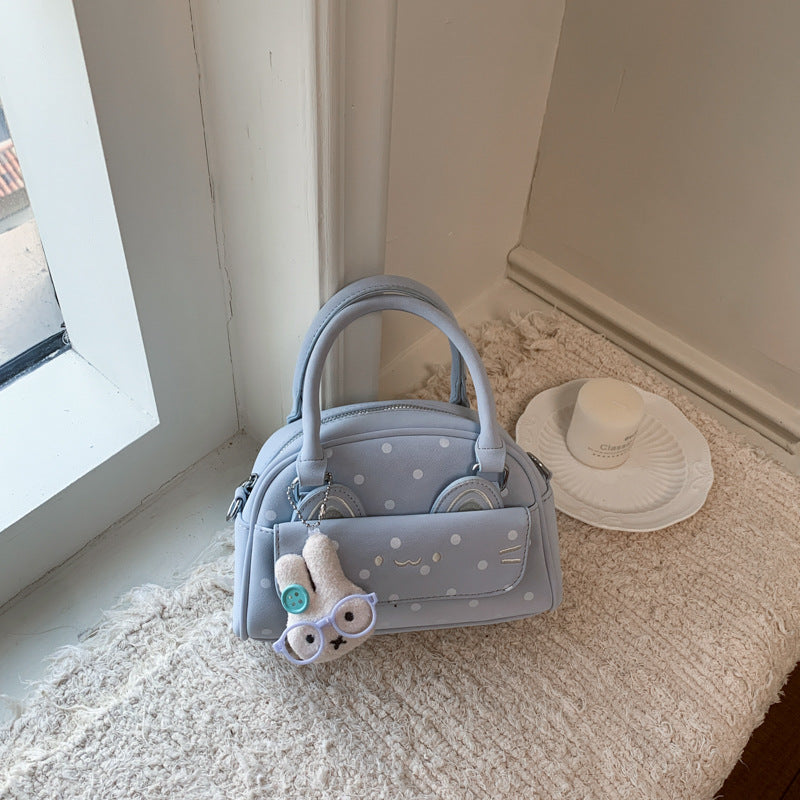 Cute Polka Dot Boston Bag with Embroidered Ears and Charm Pendant, Fashionable Crossbody Handbag for Women