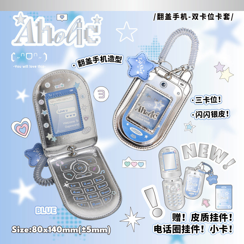 Flip Phone Style Card Holder with Transparent Window and Three Card Slots, Cute Design for Students and Fans