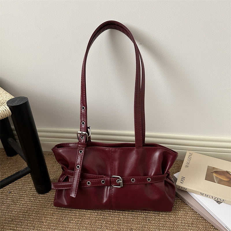 Retro Chic Women's Large Capacity Tote Bag with Belt Buckle Design for Daily Commute and Casual Style