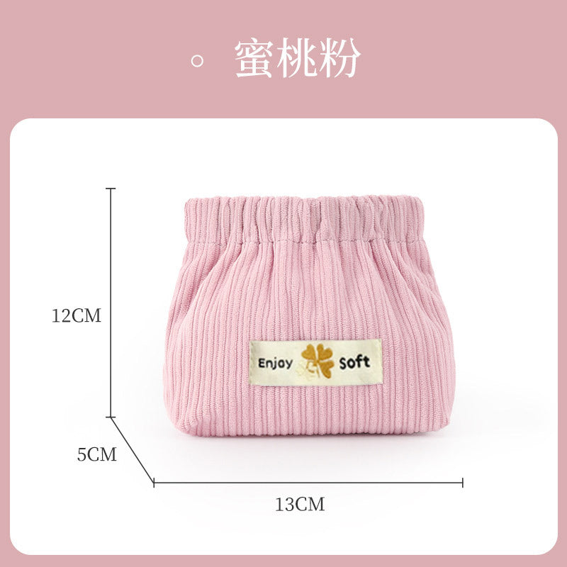 Portable Ribbed Cotton Cosmetic Bag with Elastic Opening for Travel and Daily Use