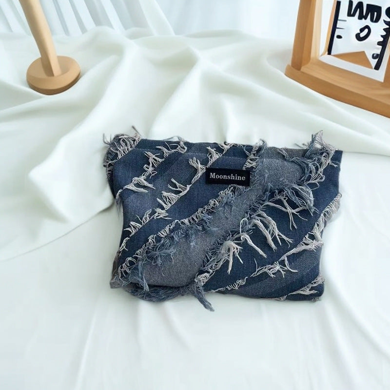 Cosmetic Bag Women's Large Capacity Storage and Carrying Wash Bag Toner and Lotion Organizing Folders High-Grade Denim Tassel
