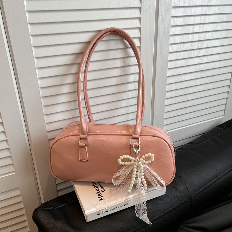 Elegant Pearl Lace Decorated PU Tote Bag with Large Capacity and Zipper Closure for Daily Use