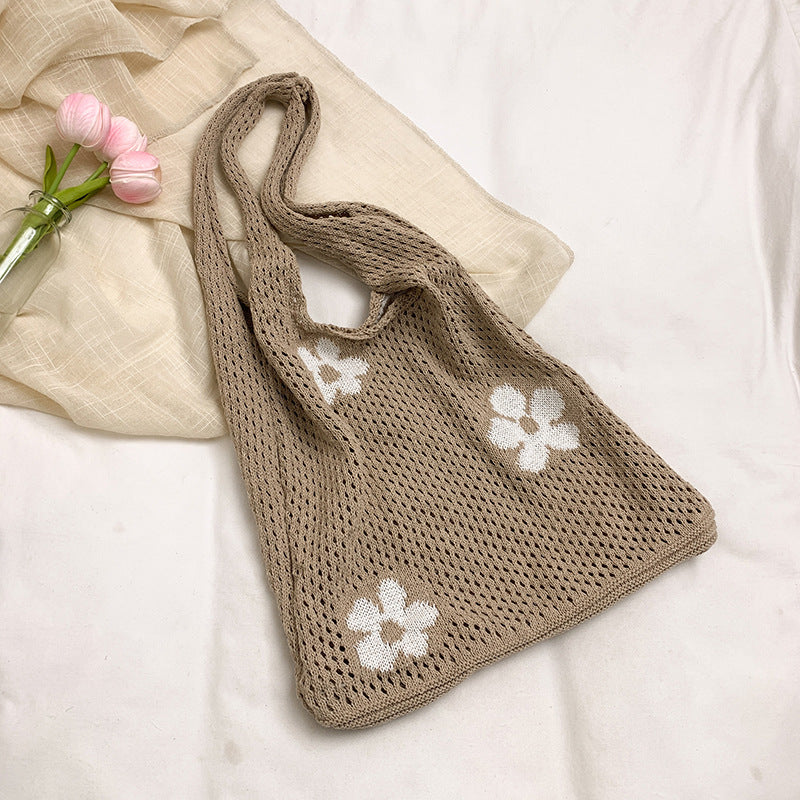 One Shoulder Bag Women's Japanese and Korean Retro Cotton Braided Knitted Handbag Flower Beach Vacation